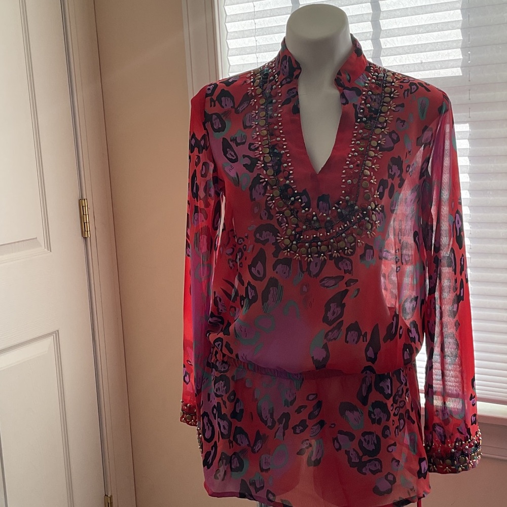 Vibrant Red and Purple Beaded Women's Swim Coverup
